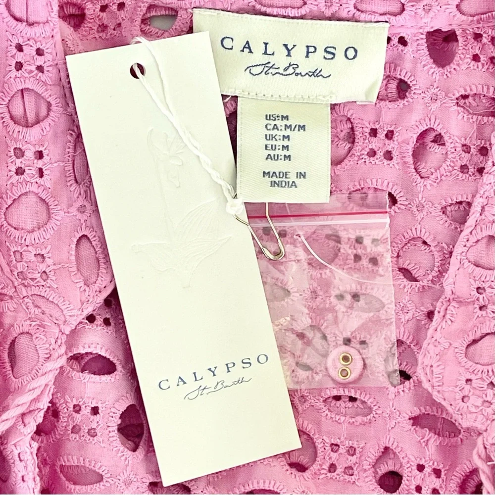 CALYPSO St. Barth Bohemian Linen Eyelet Embroidered Blouse Tie Neck 100% Cotton